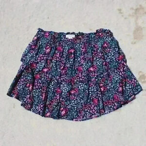 FLORAL Mini Skirt Black Pink Tiered Ruffle Elastic Waist Pull On Stretchy Med